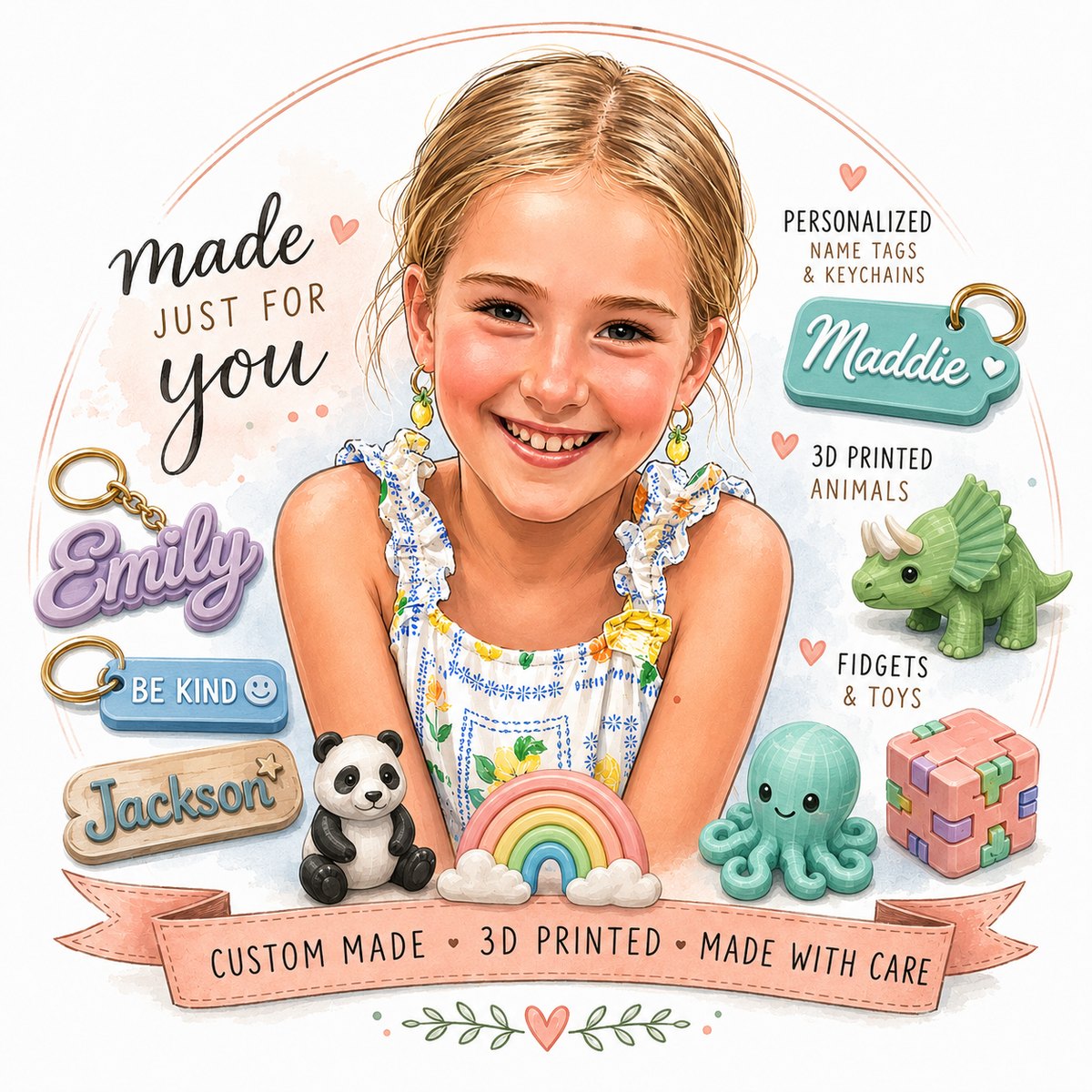 Watercolor illustration of Maddie surrounded by her creations — personalized name tags, keychains, 3D printed animals, and fidgets. Made just for you: custom made, 3D printed, made with care.