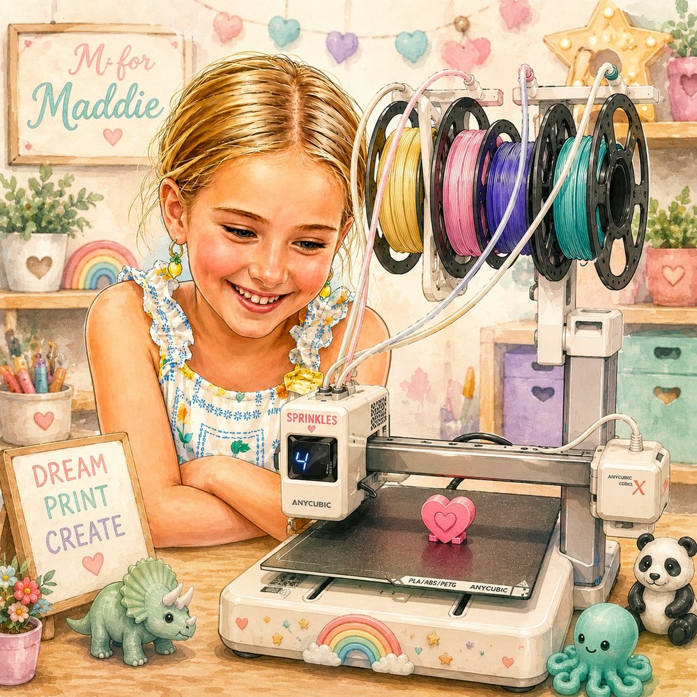 Watercolor illustration of Maddie at her 3D printer, printing a pink heart, surrounded by filament spools, toys, and a Dream · Print · Create sign